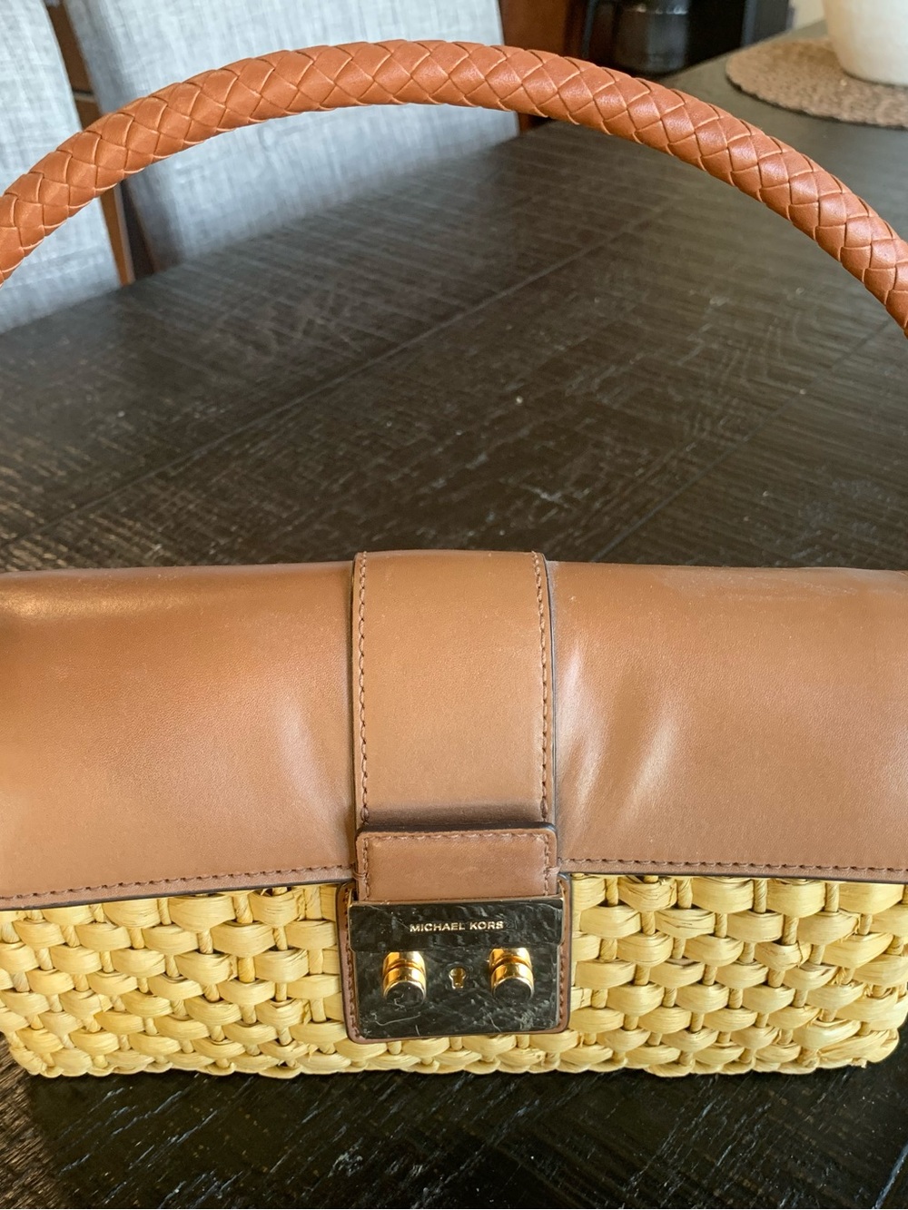 Michael Kors Brown Leather and Yellow Woven Shoulder Bag